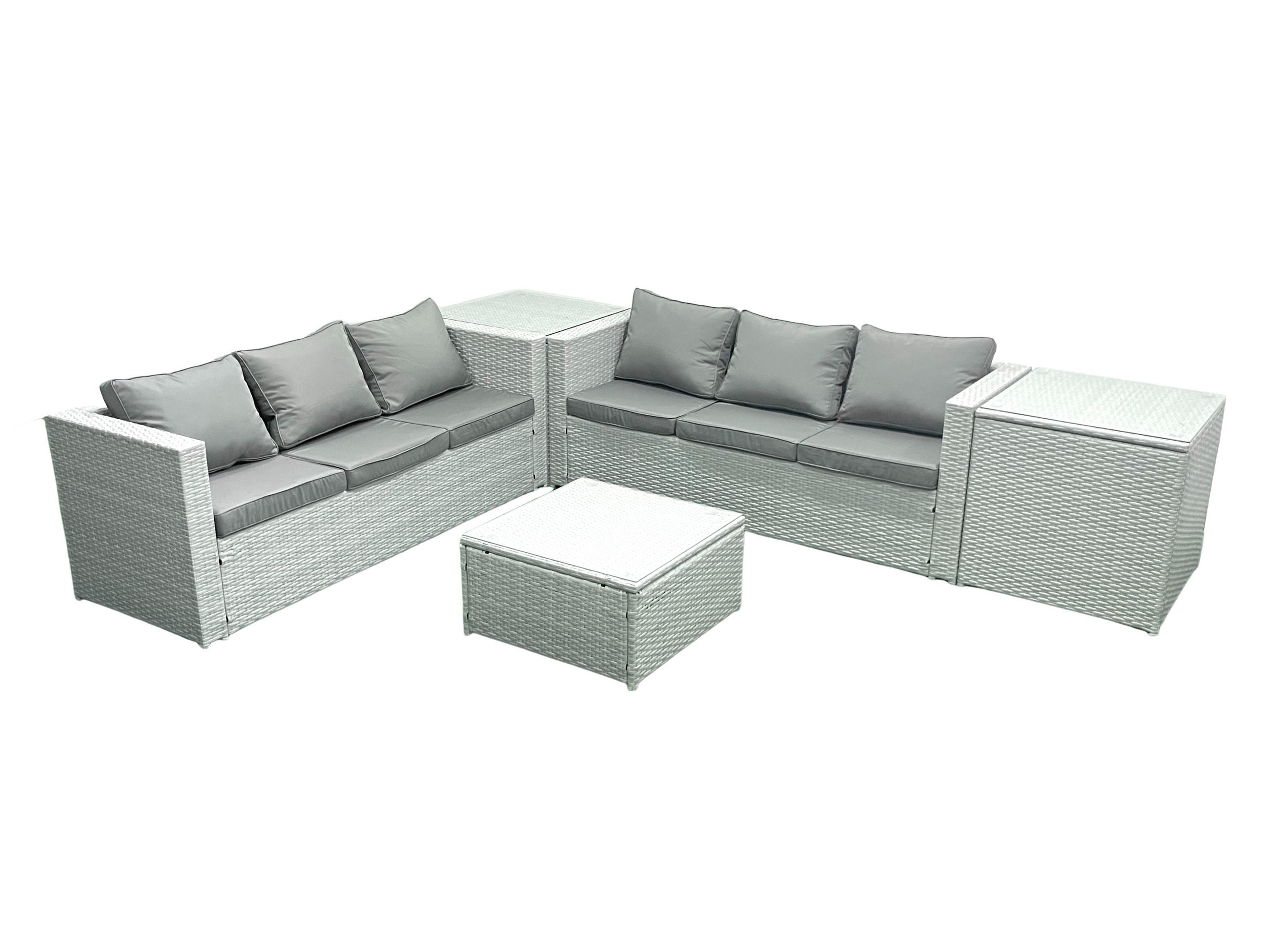 GARTENMÖBEL-SET mit Kissen Polyrattan Hellgrau-Mix 6-Sitzer - Hellgrau/Grau, Glas/Kunststoff - Fimous