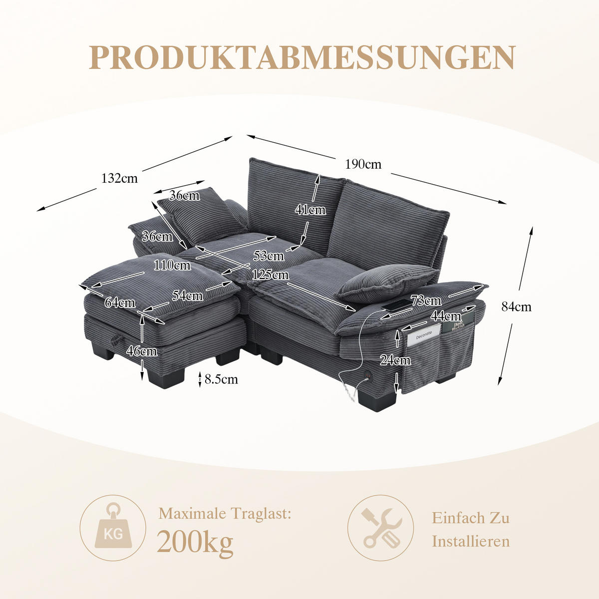 2-SITZER Sofa aus Cord 190x132x84 cm mit Hocker & USB-C, dunkelgrau - Dunkelgrau, Textil (132/84/190cm)