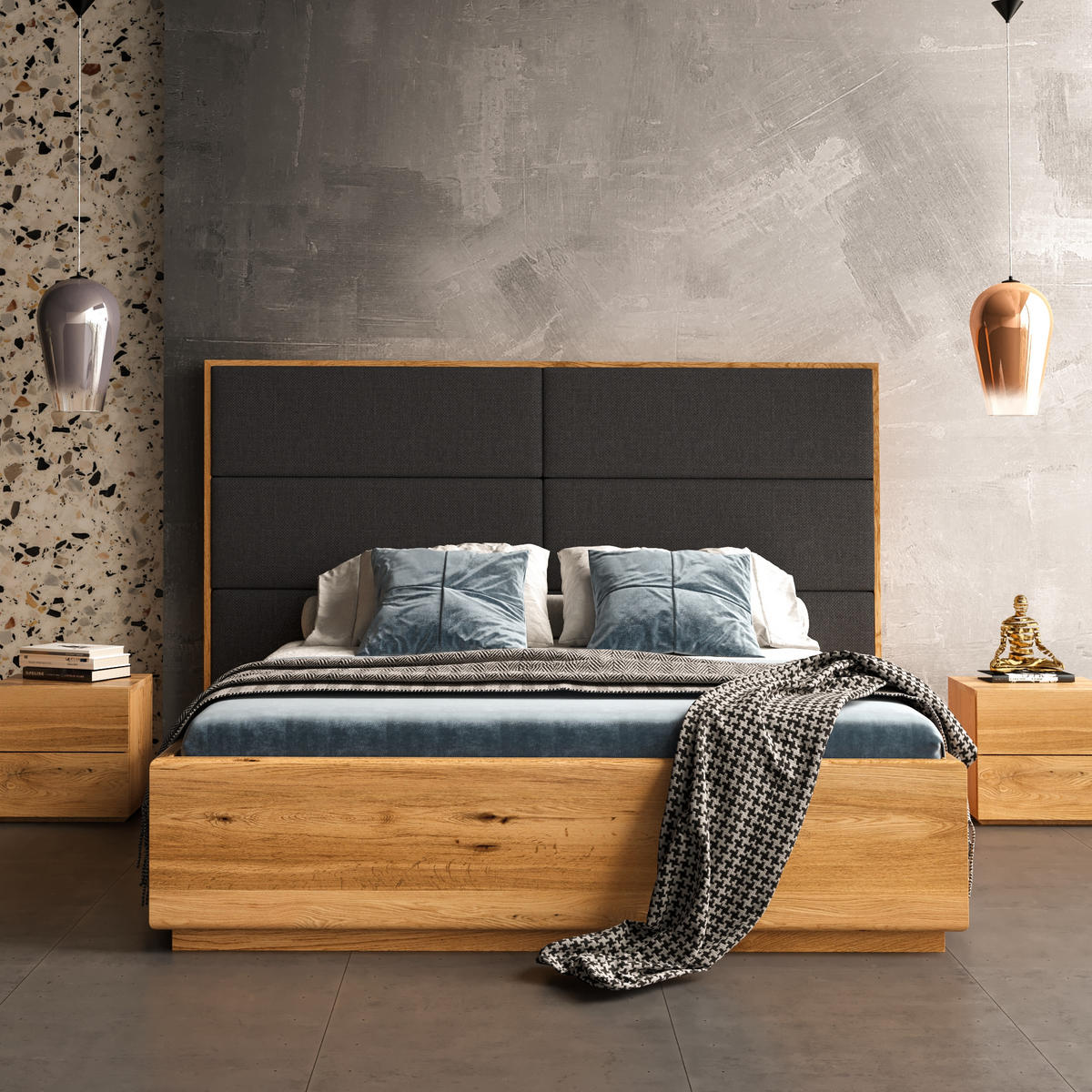 MASSIVHOLZBETT Dome aus Eiche mit Bettkasten 180x220 cm, Storm 77 (Blau) - Blau/Eichefarben, Holz (180/220cm) - Danzz