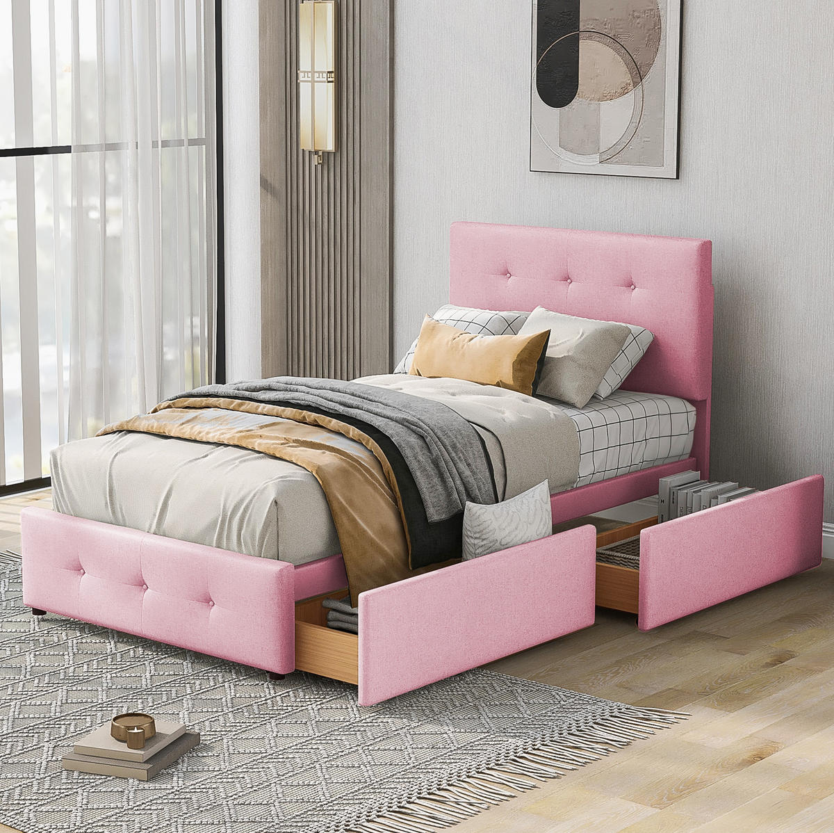 POLSTERBETT 90/200 cm mit Lattenrost, Rückenlehne und Schublade aus Samt, Pink - Pink, Textil (90/200cm) - Redom
