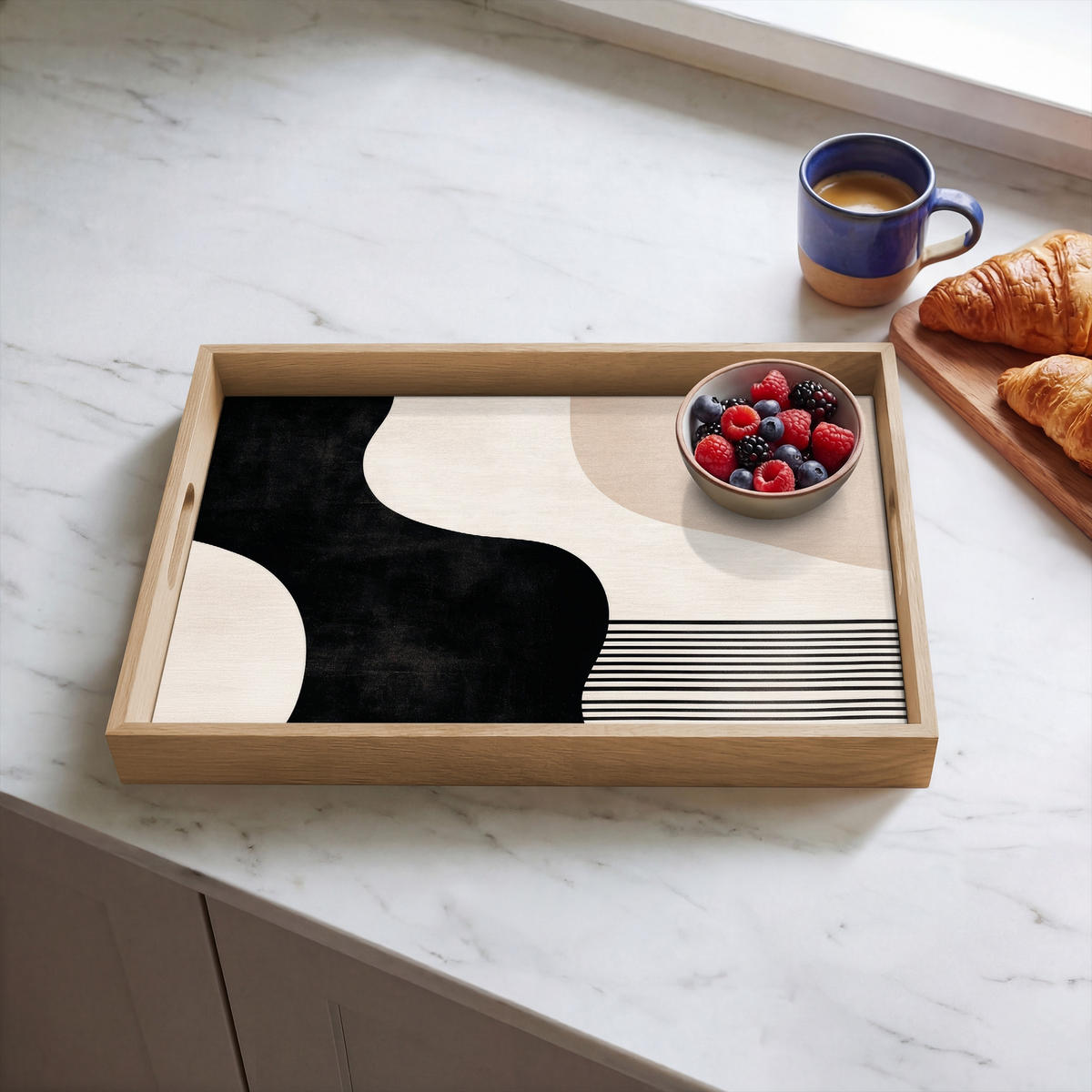 SERVÍROVACÍ PODNOS Abstraktní - Japonské - Béžové - Moderní 50x35 cm - černá, dřevo (50/5/5cm) - OnlyWow
