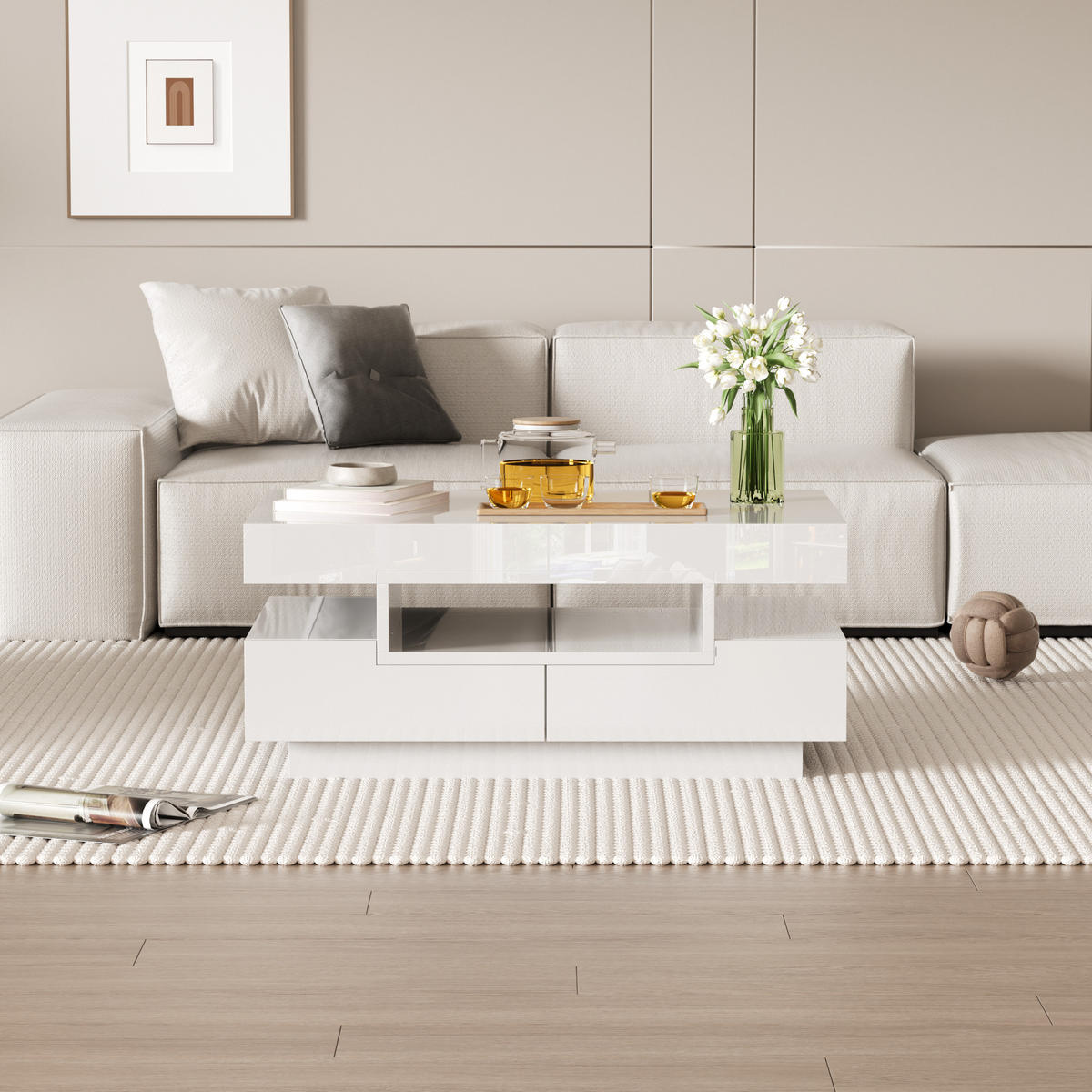 COUCHTISCH 80/50/36 cm hochglänzend mit LED-Lichtleiste und 4 Schubladen - Weiß, Holzwerkstoff (80/50/36cm) - OKWISH