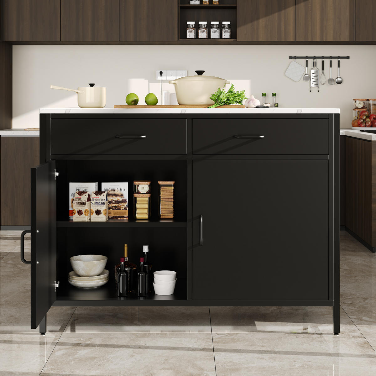 STEHTISCH 100x90x90cm Schwarz Marmoroptik mit 2 Schubladen & Eisenbeinen - Schwarz, Holzwerkstoff (100/90/90cm) - Modfu