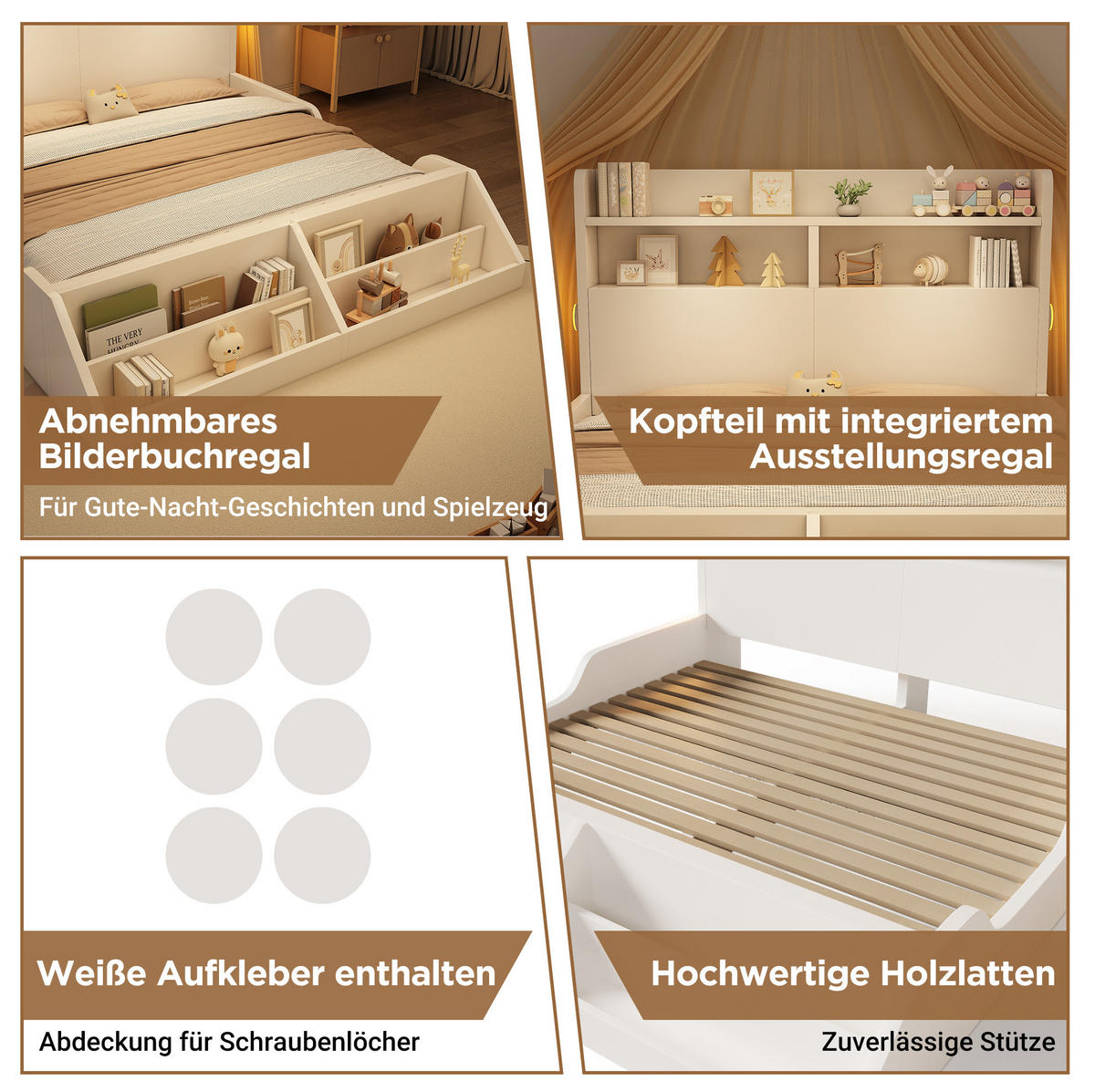 KINDERBETT 140/200 cm weiß aus Holz mit Regal und Nachtlichtern - Weiß, Holzwerkstoff (140/200cm) - OKWISH