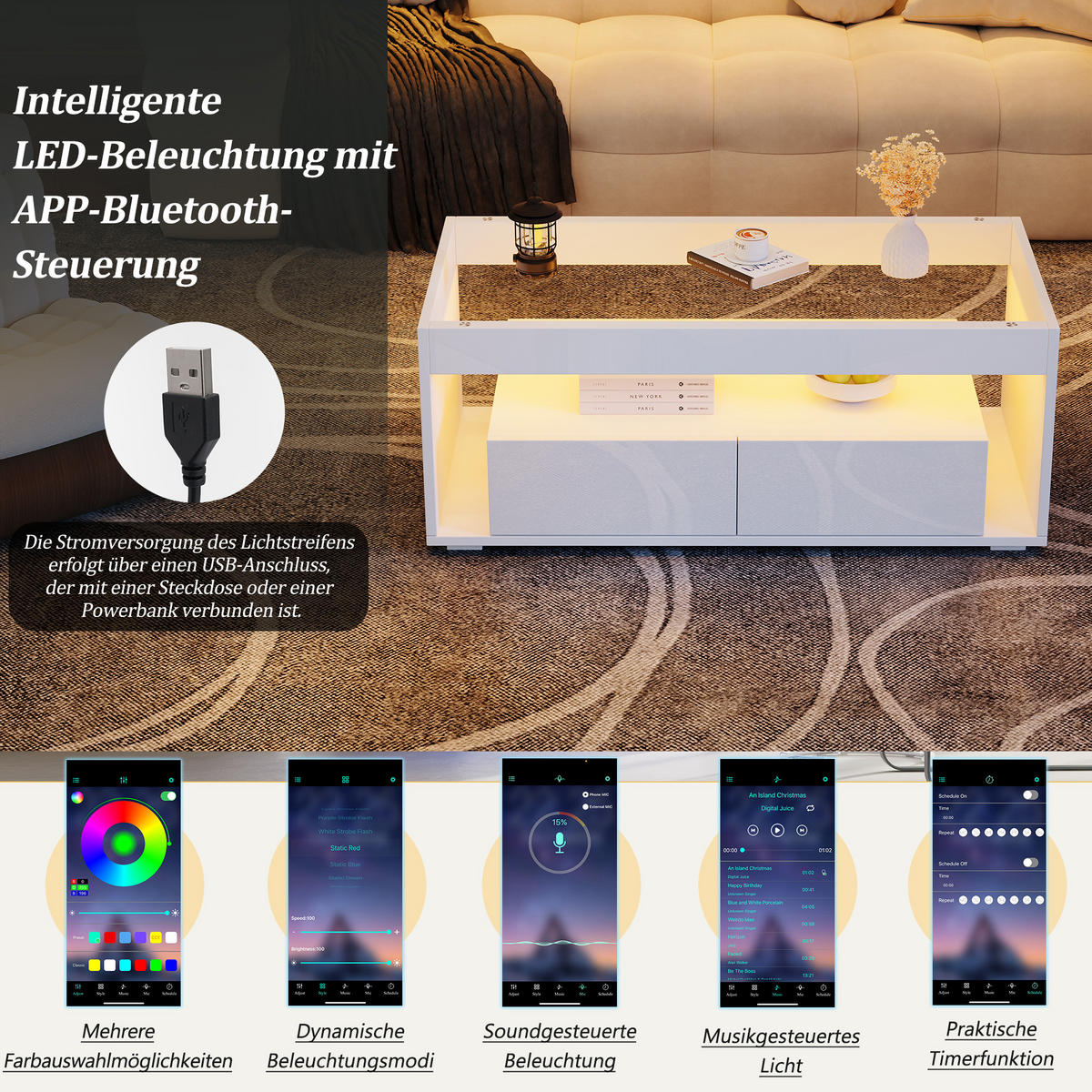 COUCHTISCH Weiß Hochglanz mit LED & 2 Schubladen - Beige, Holzwerkstoff (50/100/40cm) - Urban Meuble