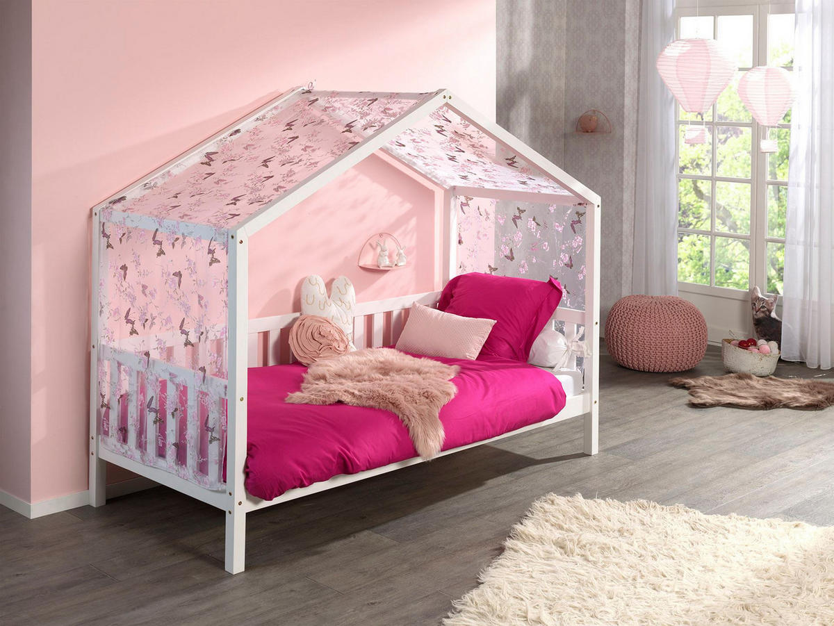 HAUSBETT mit Textilhimmel Kapua 210x170x97 aus Massivholz in Weiß - Weiß/Rosa, Holz (90/200cm) - 58aufmkessel