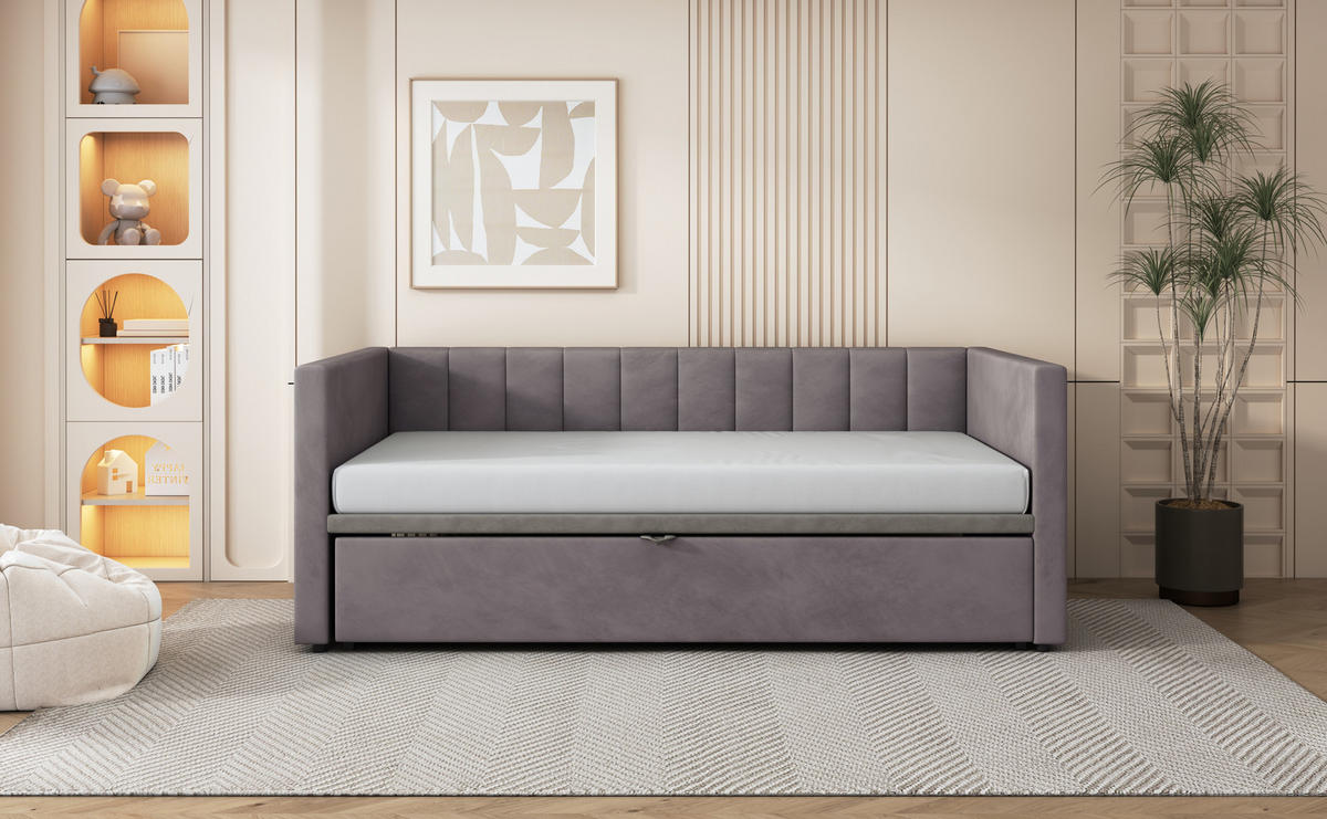 POLSTERBETT 90/180x200 cm ausziehbar grau - Grau, Textil (180/200cm) - LEBENLANG