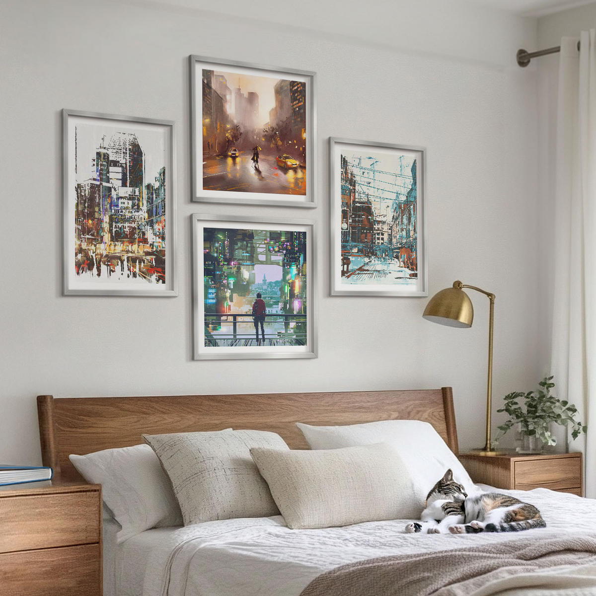 WANDBILDER 4er Set - 50x50 cm & 40x60 cm Silberner Rahmen - Moderne, farbenfrohe Städte mit Charakteren - Silberfarben, Kunststoff (50/50cm) - ArtPrintCave