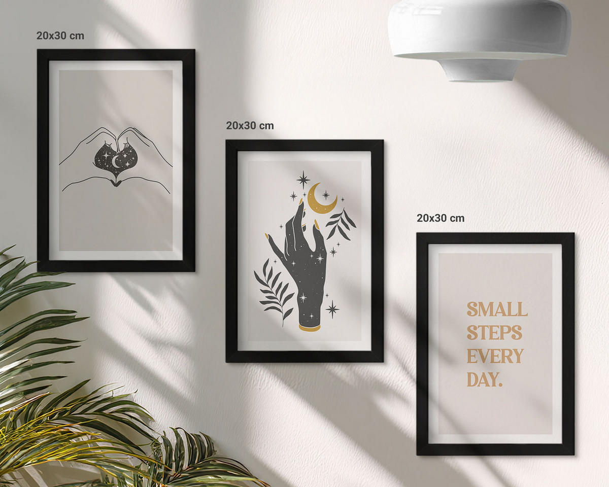 WANDBILDER 3er-Set - 20x30 cm Schwarzer Rahmen - Minimalistische Boho-Illustrationen - Schwarz, Kunststoff (20/30cm) - ArtPrintCave
