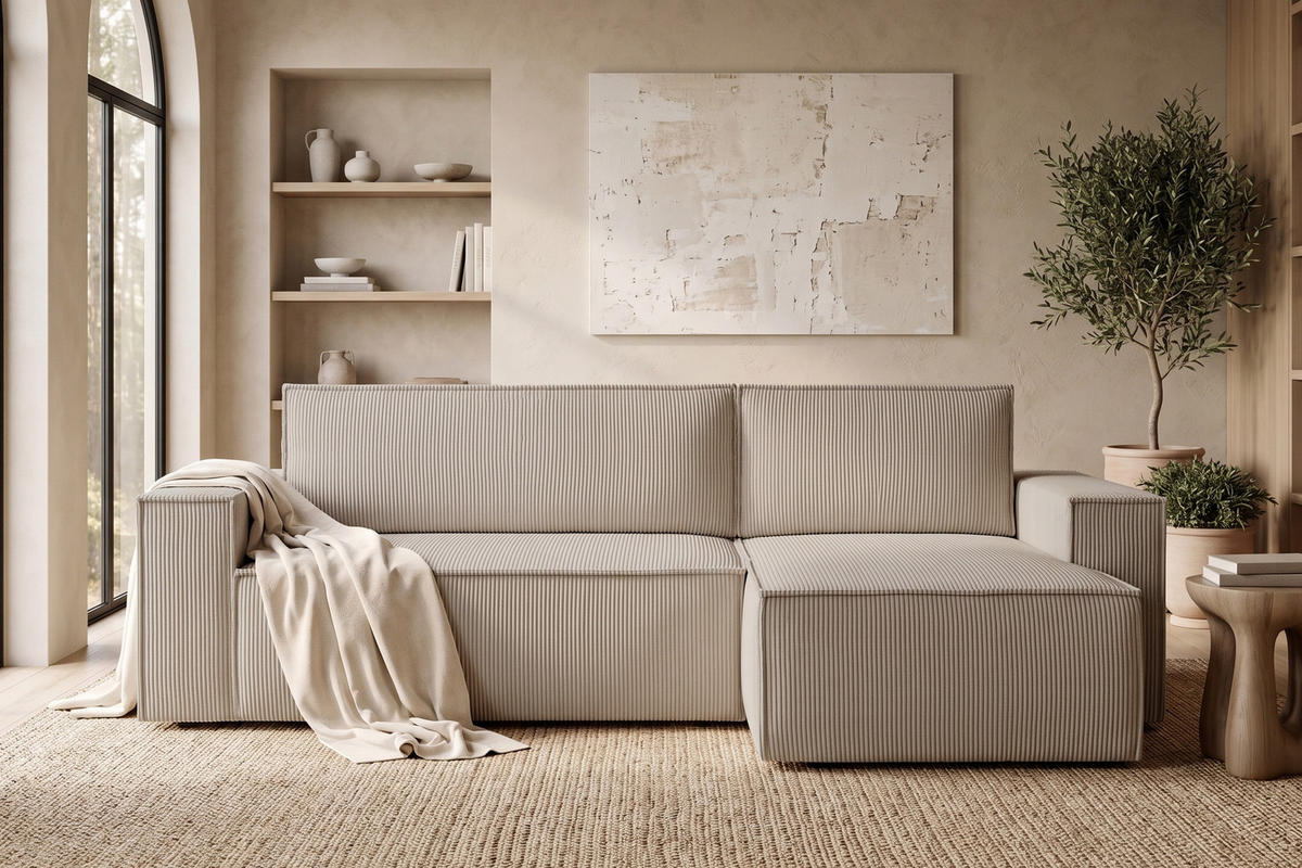 ECKSOFA-LINKS/RECHTS NAPI Schlaffunktion mit Cordbezug, Beige - Beige/Schwarz, Textil (262/148cm) - KONSIMO®