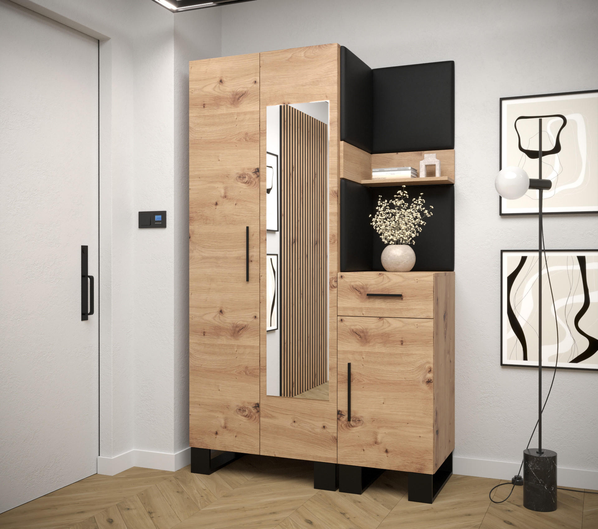 GARDEROBEN-SET 196/116/45,6 - Schwarz/Eiche Artisan, Holz/Kunststoff (116/196/45.6cm) - Abiks Möbel