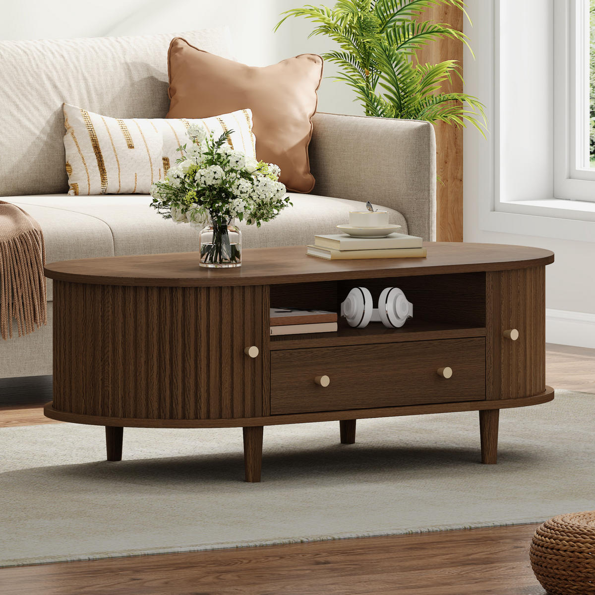 COUCHTISCH oval 100 x 50 x 36 cm MDF Walnuss mit Schublade und Rolltür - Braun, Holz (100/50/36cm) - Meubliv