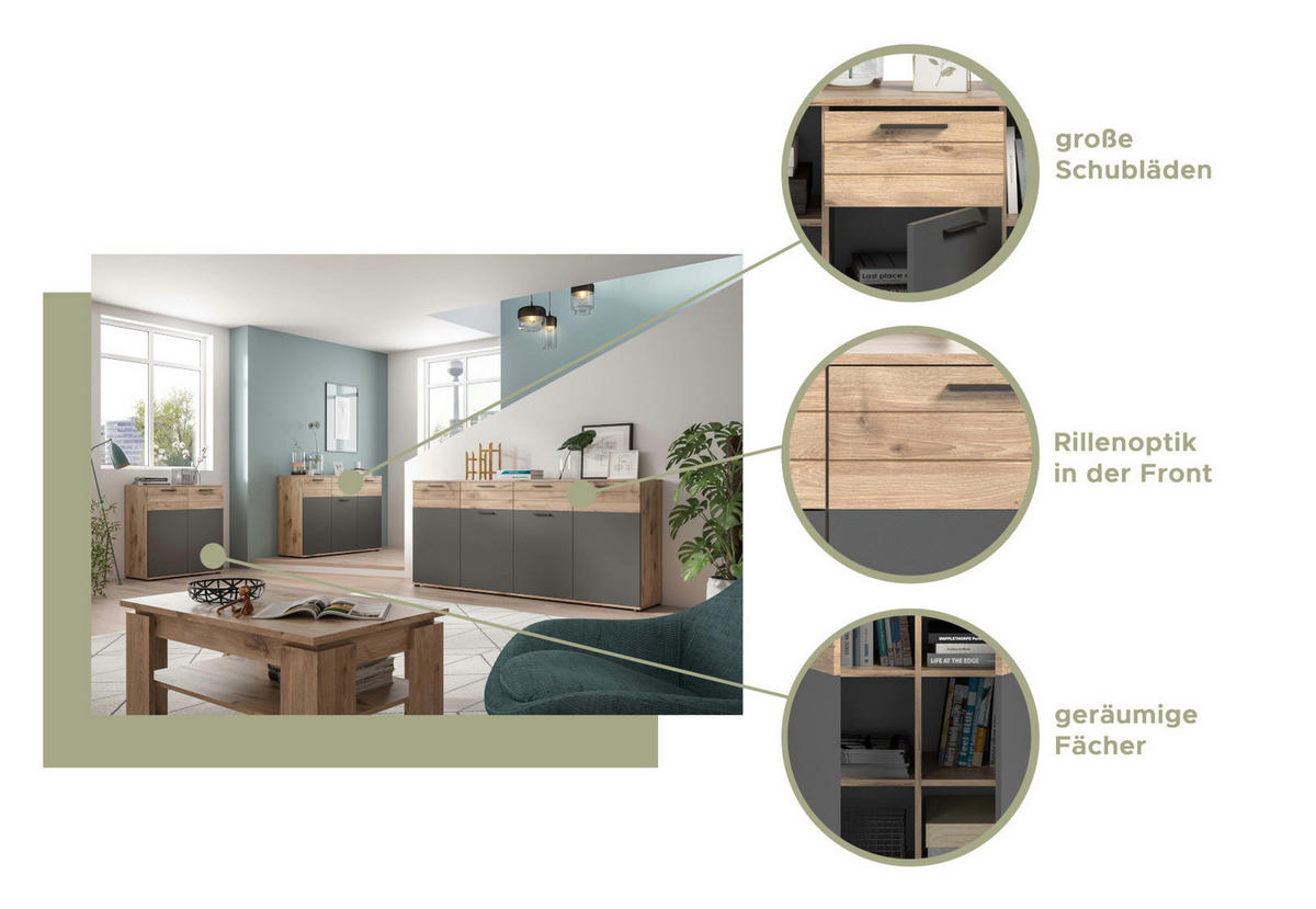 SIDEBOARD Eiche, grau 180 cm, Kommode mit Soft-Close, Wohn- und Esszimmermöbel - Eichefarben/Schwarz, Holzwerkstoff/Kunststoff (180/87/40cm) - Inn.Furn