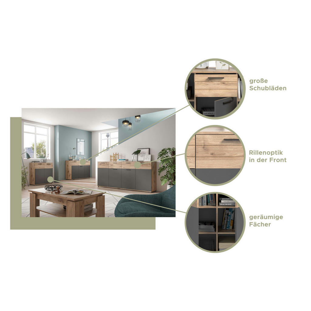 Thumbnail - Inn.Furn Sideboard, Eiche, Grau, Kunststoff, Nachbildung,Eiche, Holz Optik, Uni, 6 Fächer, 2 Schubladen, Rechteckig, 180...