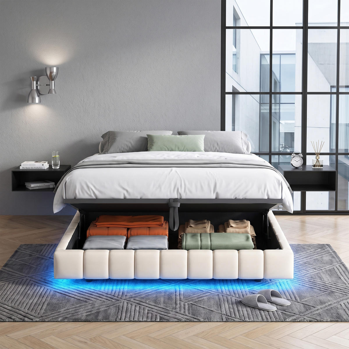 POLSTERBETT 160x200 cm mit Bettkasten, Doppelbett 160x200 cm mit LED, Stauraumbett mit Hydraulik, Beige Leinenstoff - Beige, Holz/Metall (160/200cm) - GENKI LIVING