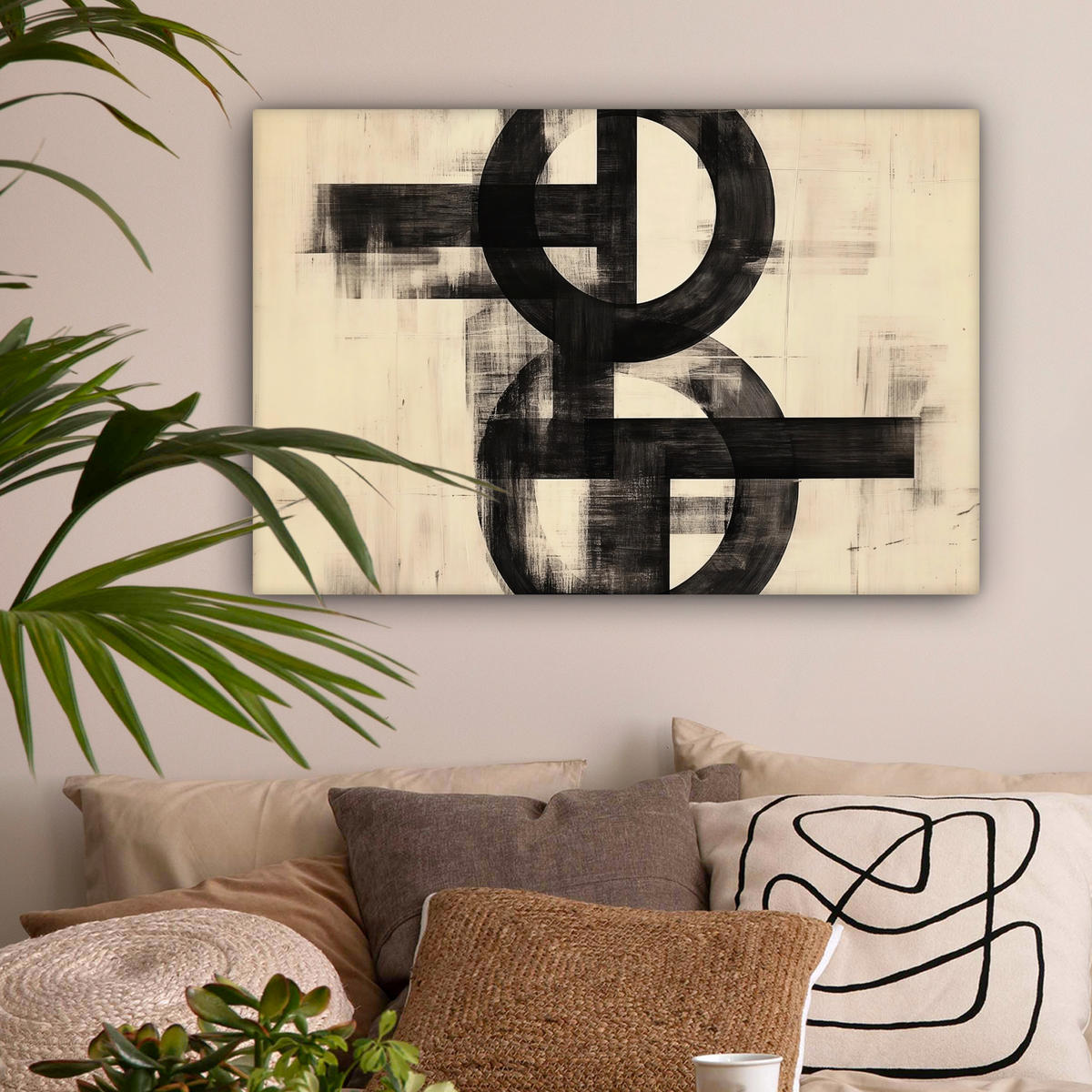 LEINWANDBILD Kreise - Balken - Schwarz - Abstrakt Wanddeko 90x60 cm - Schwarz, Textil (90/60cm) - MuchoWow