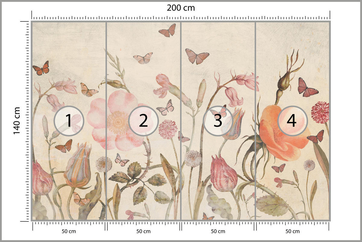 FOTOTAPETE für Kinderzimmer Wiesenblumen Aquarell Schmetterlinge Boho 200x140 - Beige/Rot, Papier (200/140cm) - Muralo