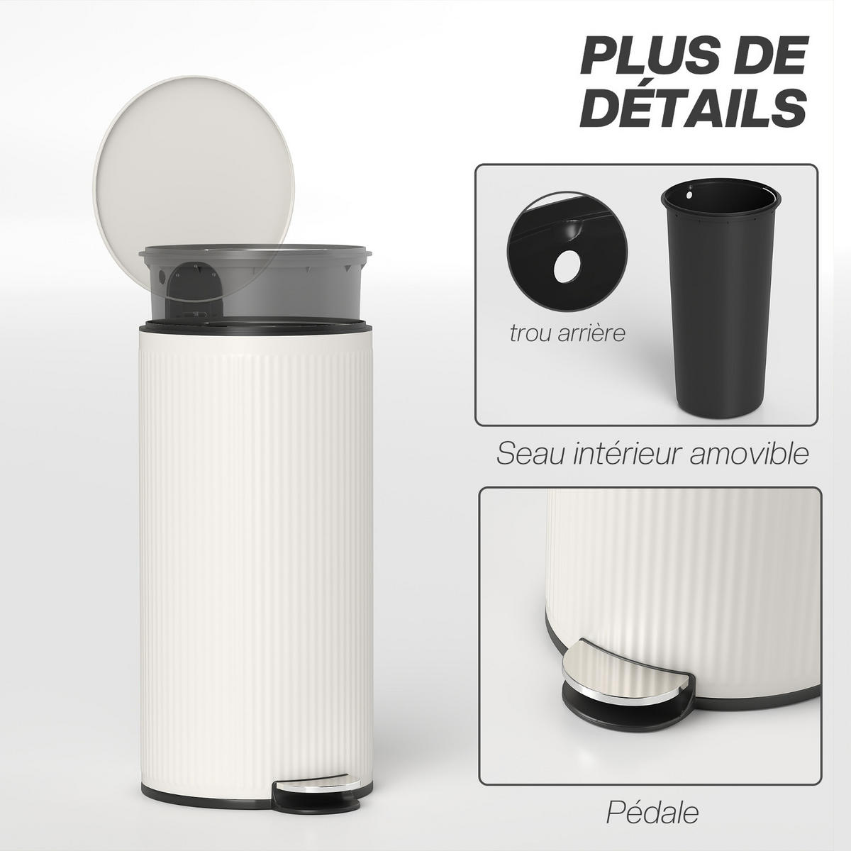 MÜLLEIMER Küche 30L 36/30/60,5 cm Metall Bambus Creme Treteimer Soft-Close - Creme, Metall (30/60.5/36cm) - Rolipo