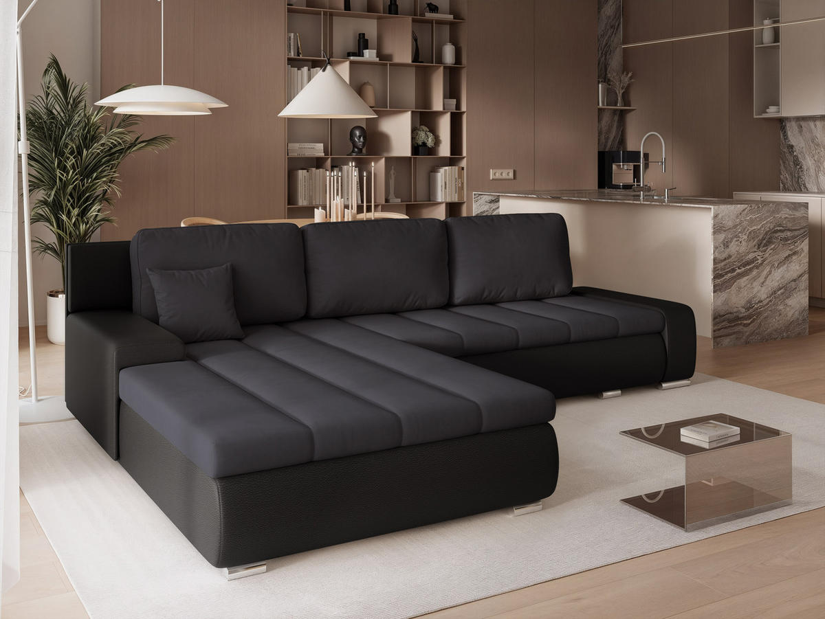 ECKSOFA VELANO mit Schlaffunktion und Bettkasten Schwarz/Anthrazit - Anthrazit, Holzwerkstoff/Kunststoff (250/90cm) - Idohome