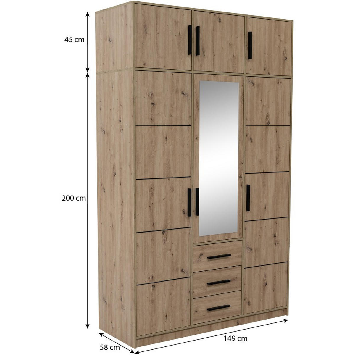 DREHTÜRENSCHRANK Kavo mit Aufsatz, Spiegel und 3 Türen, eiche Sonoma - Schwarz/Sonoma Eiche, Holzwerkstoff (150/245/58cm) - Beautysofa