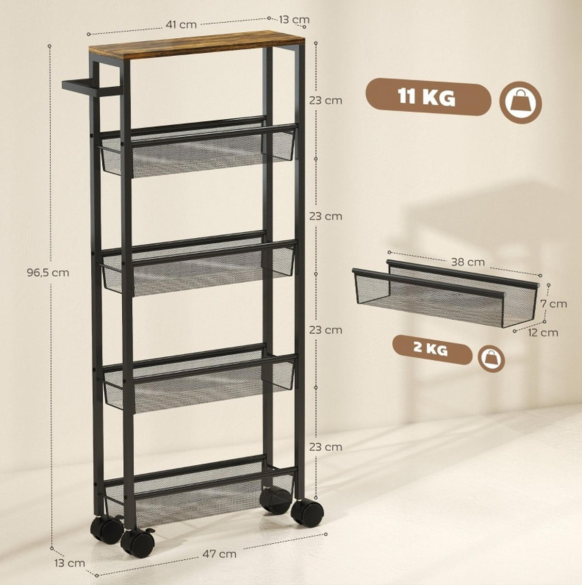 KÜCHENWOLLWAGEN 47x13x96.5cm Schwarz mit 4 Körben, Arbeitsplatte & 4 Rollen - Schwarz, Metall (13/96.5/47cm) - Modfu