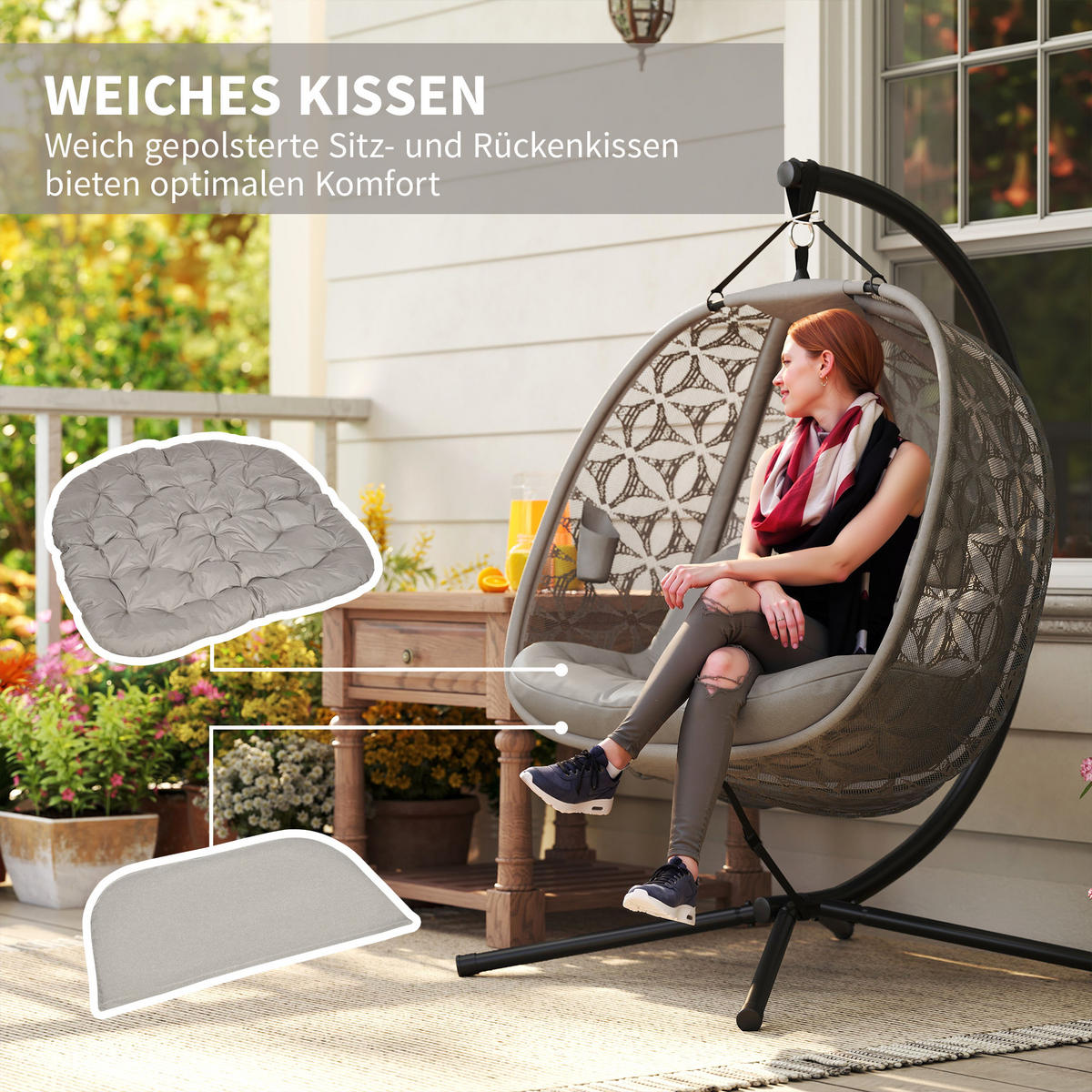HÄNGESESSEL Mit Gestell DE-07068 mit Becherhaltern, Sicherheitsgurt - Sandfarben, Metall (126/176/126cm) - ComfortXL