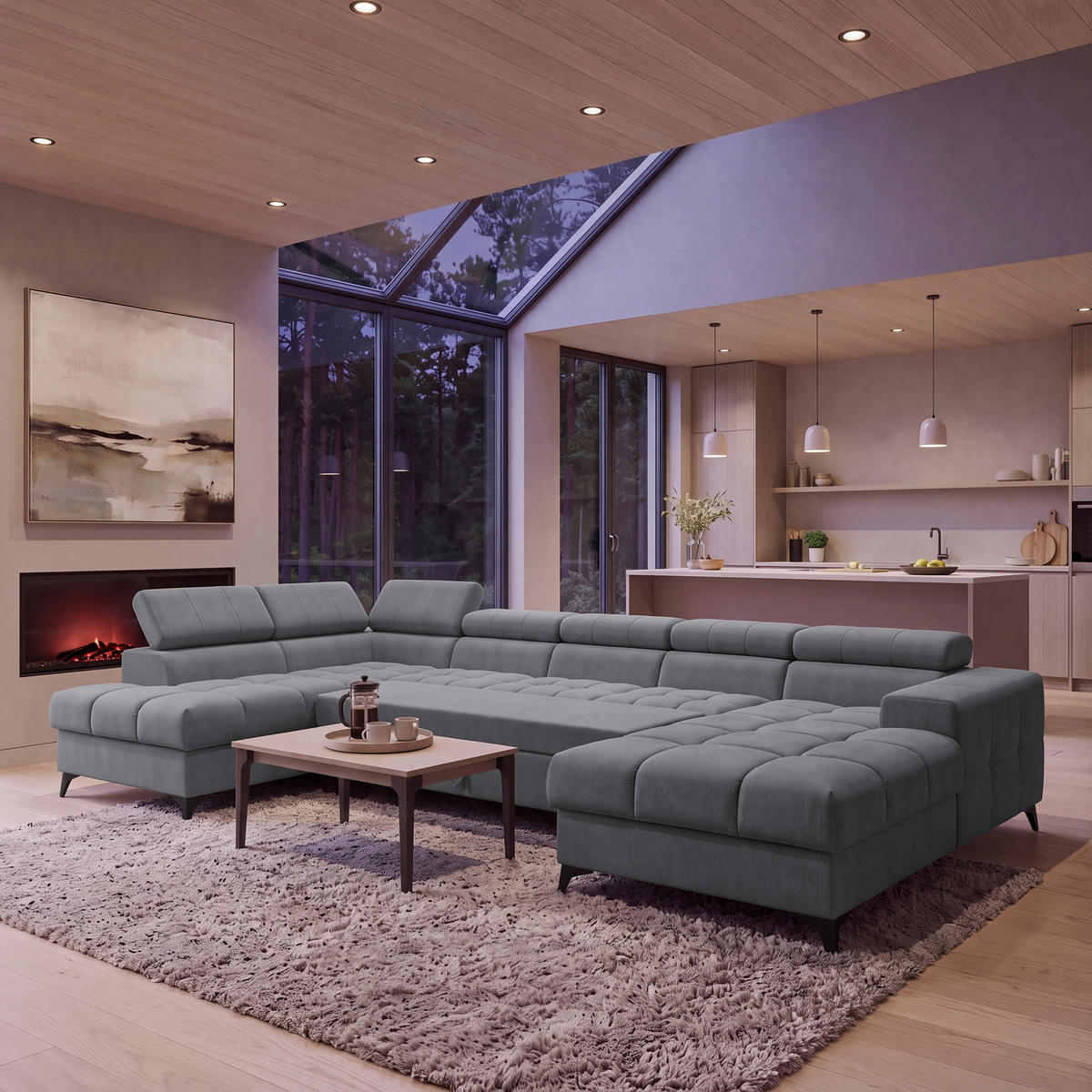 ECKSOFA PUDDING MAXI U Links mit Schlaffunktion 125x330 Velours Dunkelgrau - Dunkelgrau/Schwarz, Holz/Textil (203/421cm) - Muffo