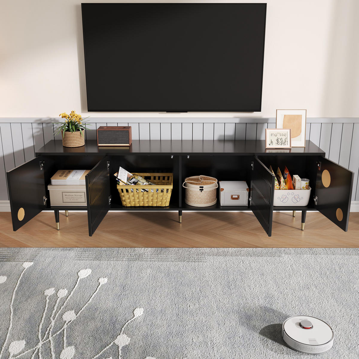TV-SCHRANK 170/36/54 cm weiß MDF mit Gitterstruktur und goldenen Akzenten - Schwarz, Holzwerkstoff (170/54/36cm) - OKWISH