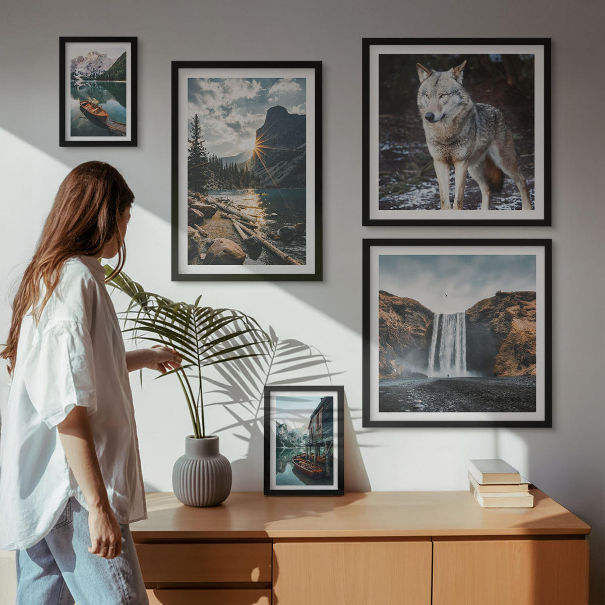 WANDBILDER 5er-Set - 50x50 cm & 20x30 cm & 40x60 cm Schwarzer Rahmen - Berge, Seen, Wasserfall, Wolf - Schwarz, Kunststoff (40/60cm) - ArtPrintCave