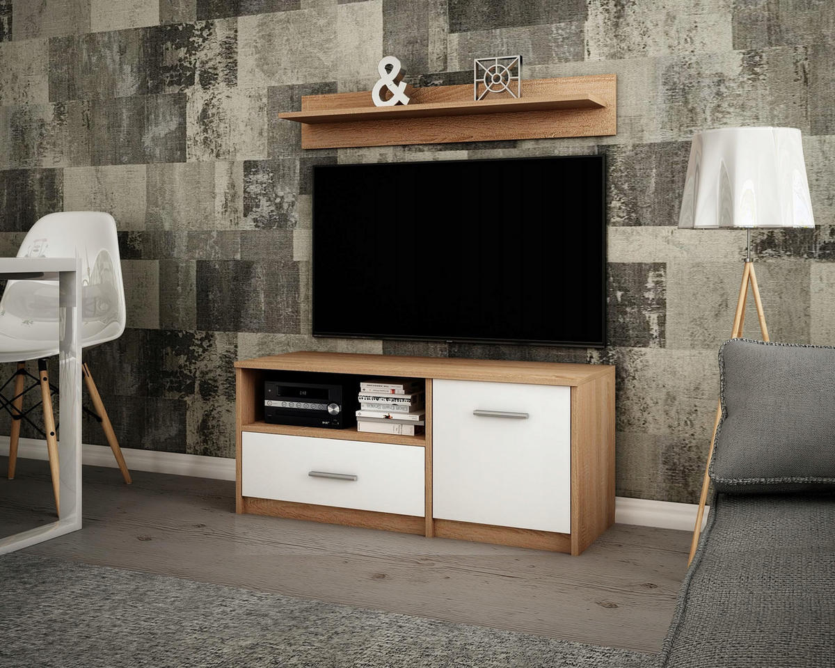 FERNSEHKOMMODE BODO 1D1S Sonoma Eiche-Weiß 98/35/42 cm - Weiß/Sonoma Eiche, Holzwerkstoff (98/42/35cm) - Matkam Möbel