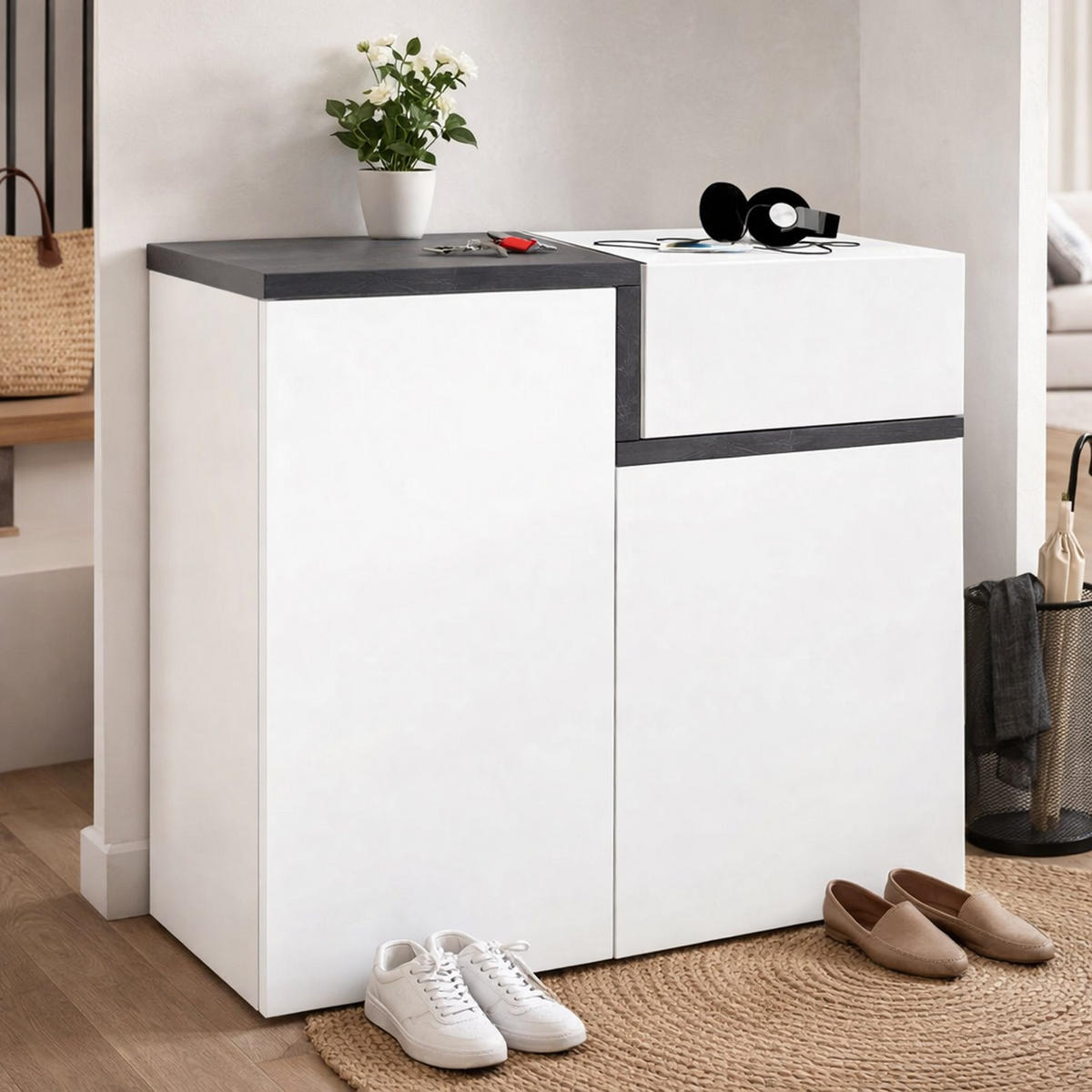 SCHUHSCHRANK Glänzendes Weiß, Schiefer 40/80/80 cm - Schieferfarben/Weiß, Holzwerkstoff (80/80/40cm) - DMORA