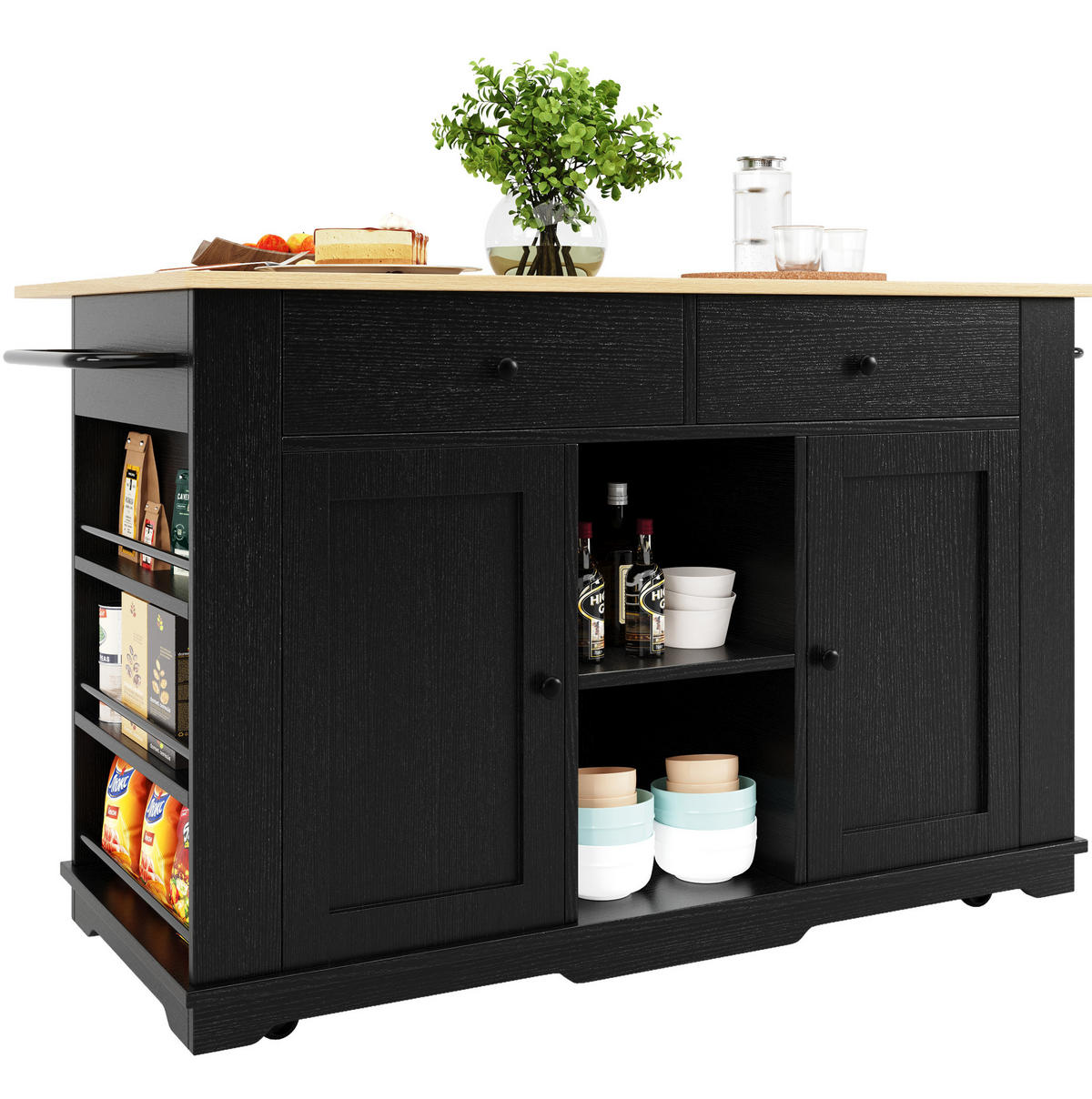 KÜCHENINSEL 151,5/59,7/91,7 cm aus MDF und Metall mit klappbarer Tischplatte und Steckdosenleiste Schwarz/Natur - Schwarz, Holzwerkstoff (151.5/91.7/84.7cm) - Modenvie