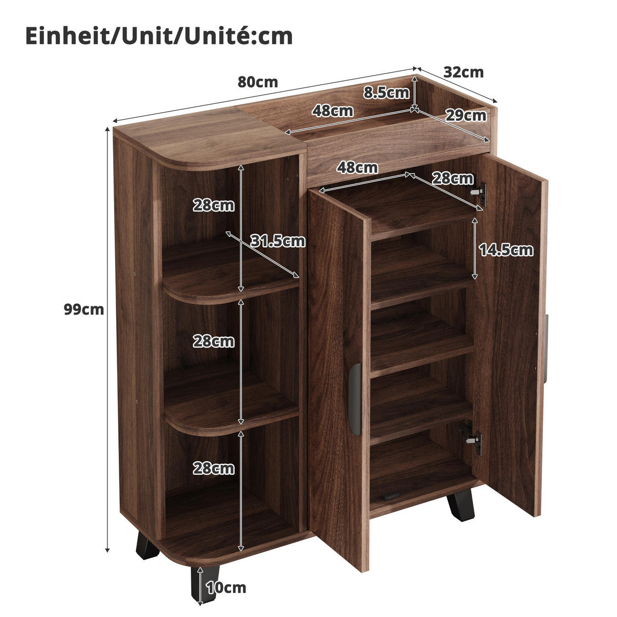 SCHUHSCHRANK schmal 2 Türen Holzoptik - Nussbaumfarben, Holzwerkstoff (80/99/32cm) - Fortuna Lai