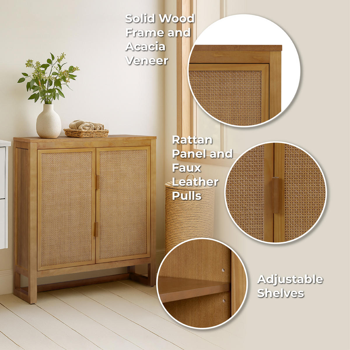 AKZENT-SCHRANK, 2 Rattan Türen, 71cm, Braun - Braun, Holz (71/86/30cm) - Teamson Home