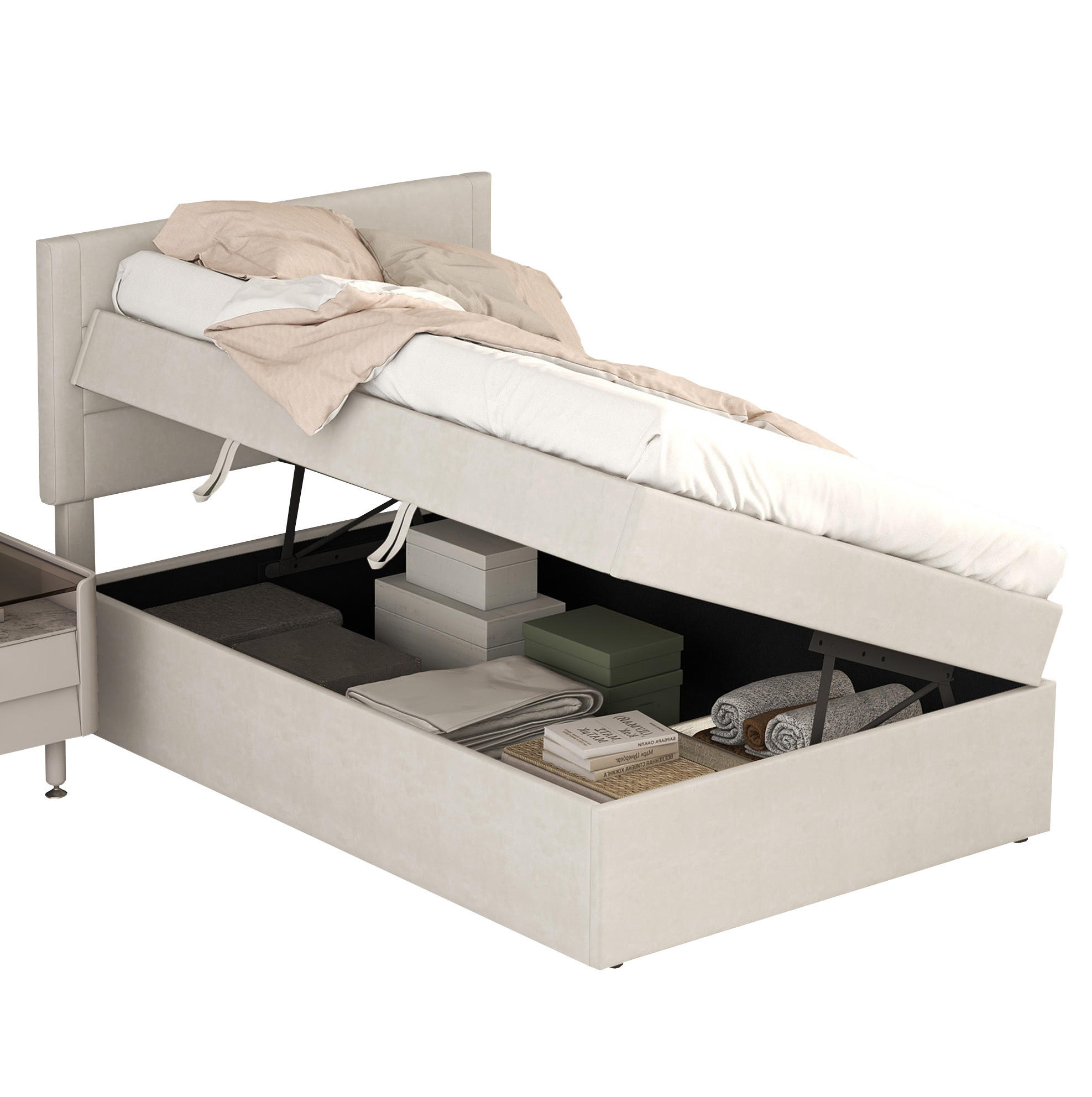 POLSTERBETT 90/200 cm mit Metall-Lattenrost und Stauraum, Beige - Beige, Holzwerkstoff (90/200cm) - Redom