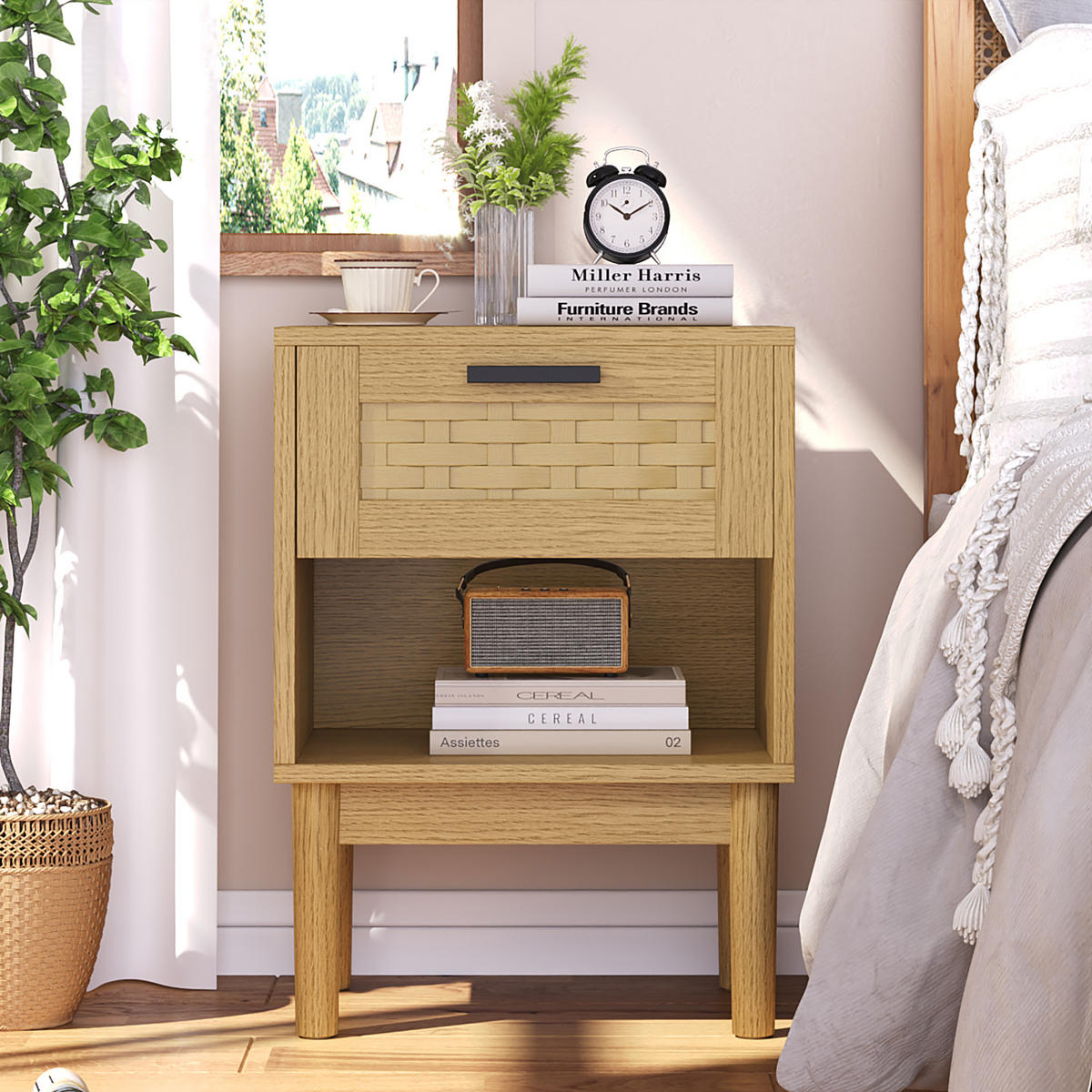 NACHTTISCH 2er Set Holz Rattan Schublade offenes Fach Eiche - Naturfarben, Holz (30/55/40cm) - LEBENLANG