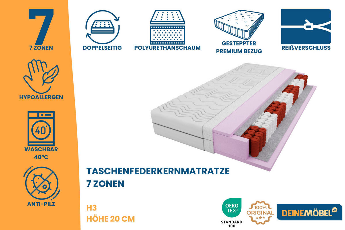 TASCHENFEDERKERNMATRATZE 7 Zonen 120/200 Weiß H3 - Weiß, Textil (120/200cm) - Deine Möbel 24