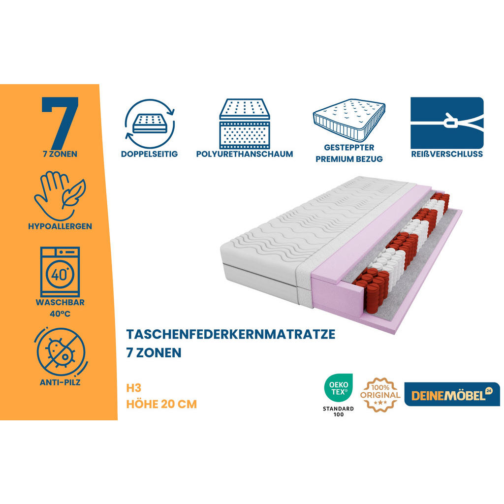 Thumbnail - Deine Möbel 24 Taschenfederkernmatratze, Weiß, Textil, H3, 120x200 cm, Schlafzimmer, Matratzen Shop, Matratzen, Taschenf...