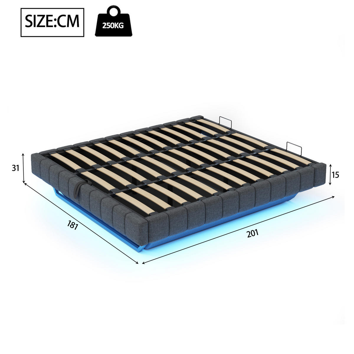 ČALÚNENÁ posteľ 180/200 cm s LED osvetlením, hydraulickým úložným priestorom a bez čela, Sivá - sivá, textil (180/200cm) - Redom