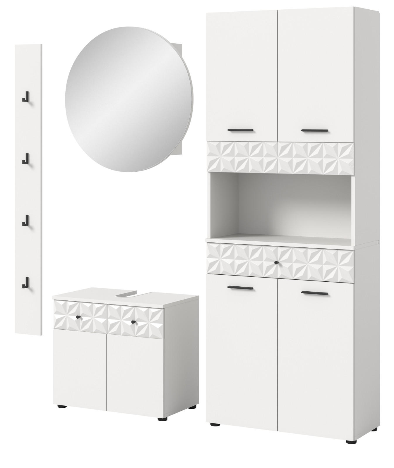 BADMÖBEL-SET weiß Hochglanz 4-teilig 186 cm, Komplettset mit 3D-Struktur - Weiß Hochglanz, Glas/Holzwerkstoff (186/187/37cm) - Inn.Furn