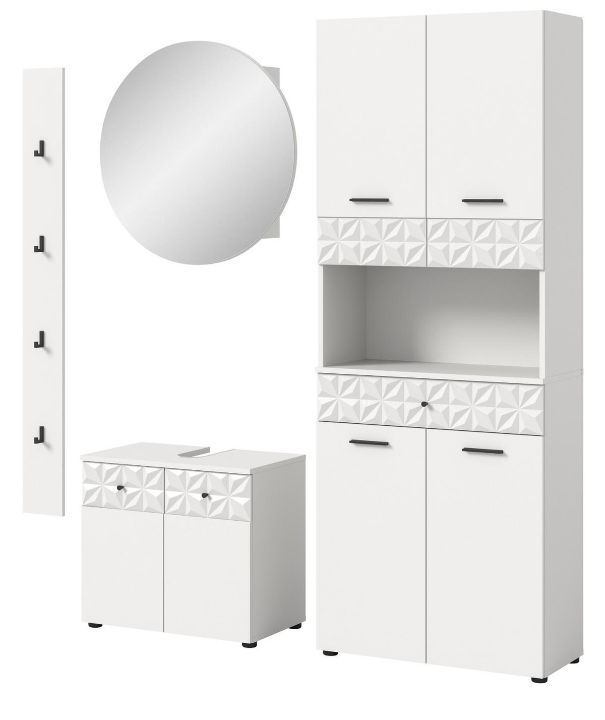 BADMÖBEL-SET weiß Hochglanz 4-teilig 186 cm, Komplettset mit 3D-Struktur - Weiß Hochglanz, Glas/Holzwerkstoff (186/187/37cm) - Inn.Furn