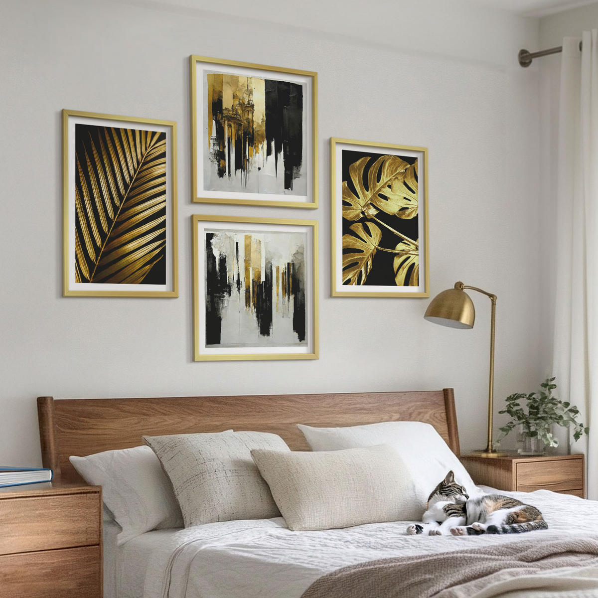 WANDBILDER 4er Set - 50x50 cm & 40x60 cm Goldrahmen - Abstrakte Monstera-Palmenblätter - Goldfarben, Kunststoff (50/50cm) - ArtPrintCave