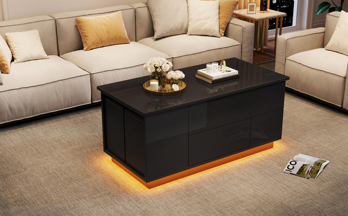 COUCHTISCH 100/50/45 cm höhenverstellbar mit LED, 2 Schubladen, 2 Hockern und Stauraum aus Spanplatte, Schwarz - Schwarz, Holzwerkstoff (100/50/45cm) - Redom