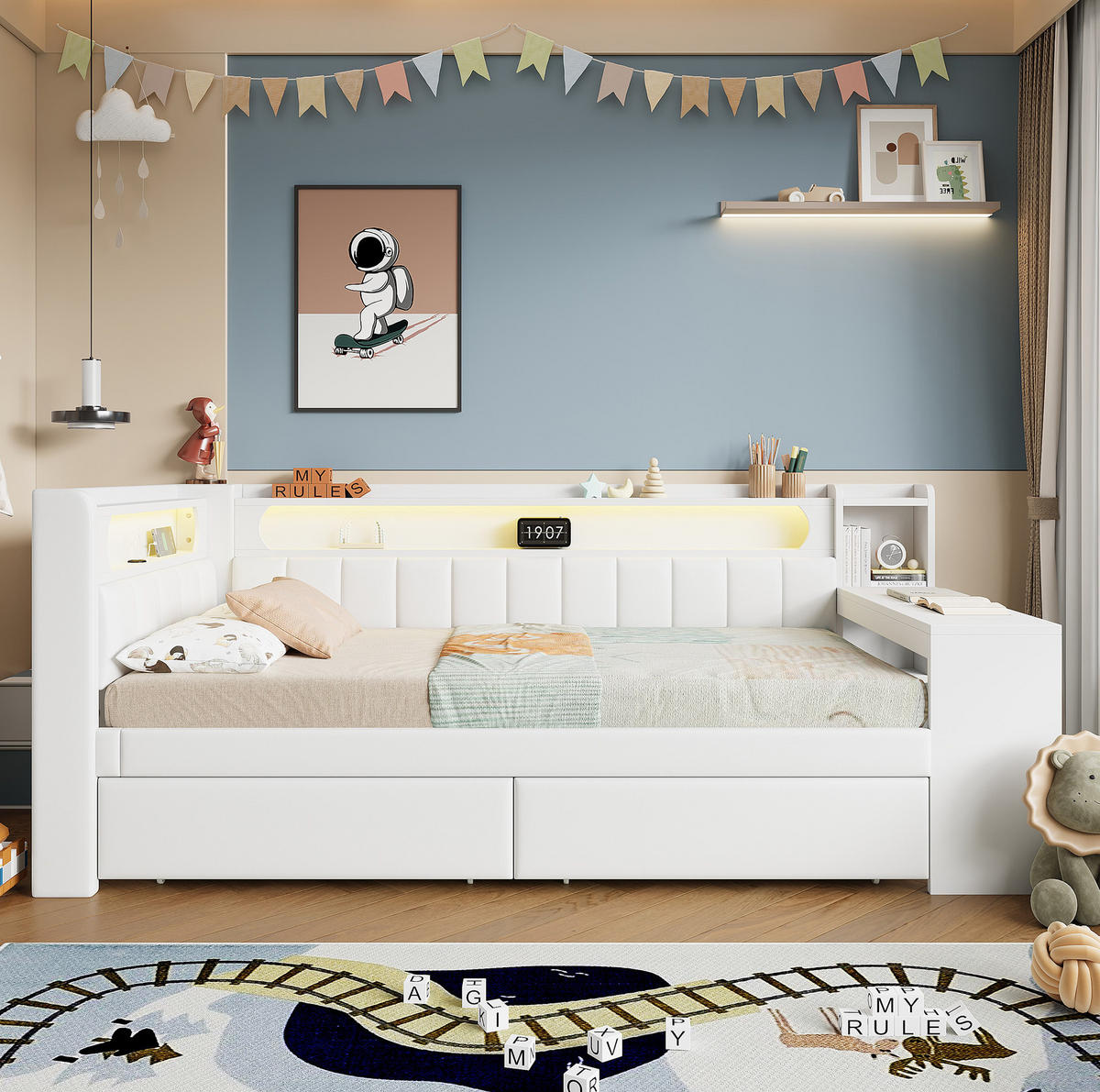 DENNÍ postel 90/200 cm bílá z MDF a překližky s čalouněním, LED, USB, stolem a 2 zásuvkami - bílá, kompozitní dřevo (90/200cm) - OKWISH