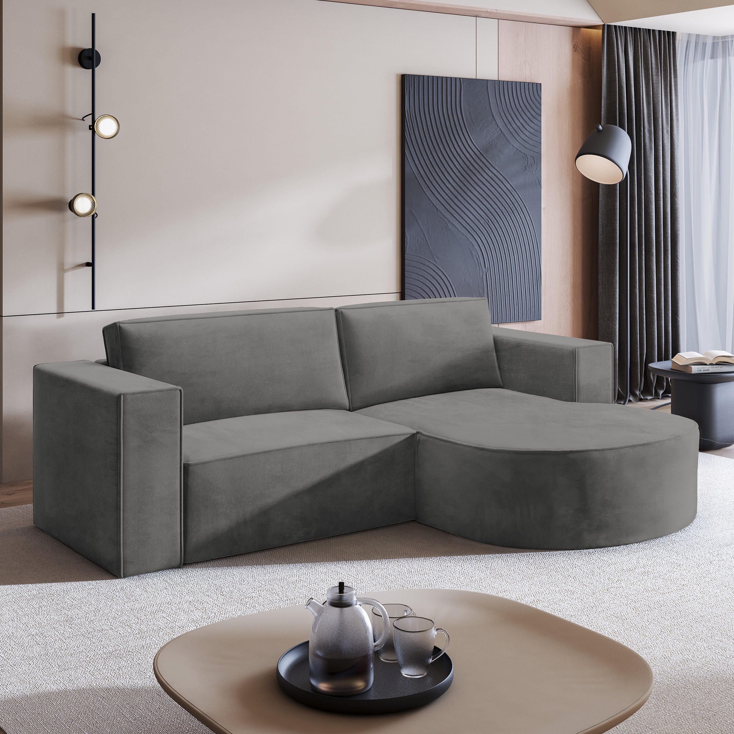ECKSOFA SORELA M R-S Grau Velours-Stoff mit Schlaffunktion - Grau, Holz (263/174cm) - MASSENO