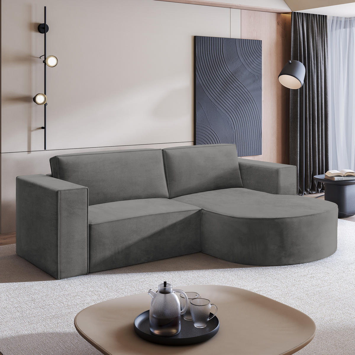 ECKSOFA SORELA M R-S Grau Velours-Stoff mit Schlaffunktion - Grau, Holz (263/174cm) - MASSENO
