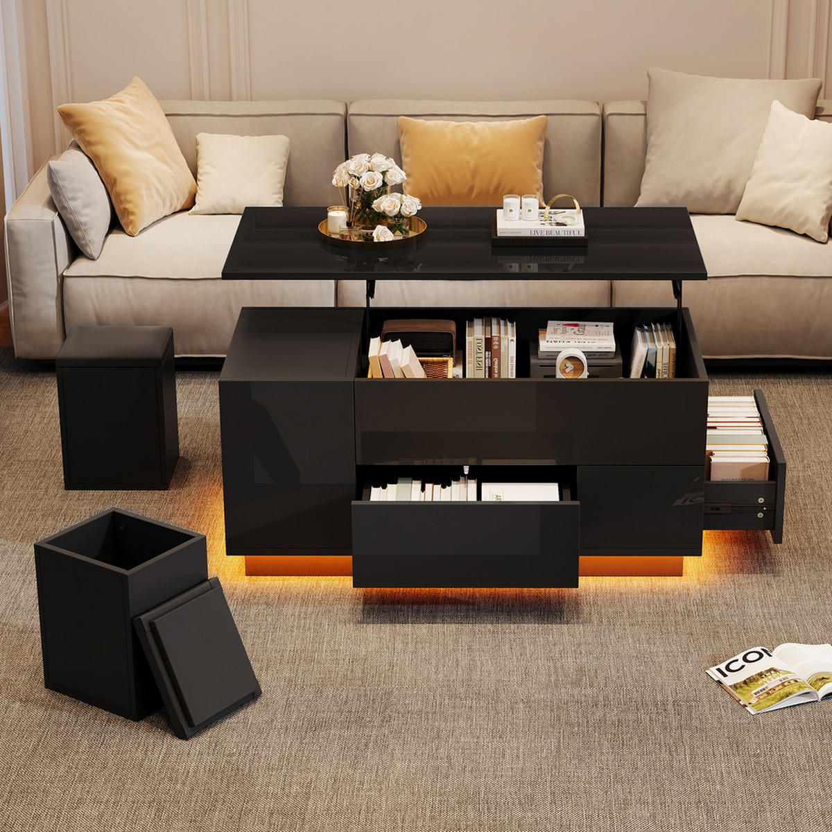 COUCHTISCH 100x50cm Schwarz Höhenverstellbar LED 4in1 2 Schubladen 50kg - Schwarz, Holz (62.76/50.8/20.32cm) - FLIEKS