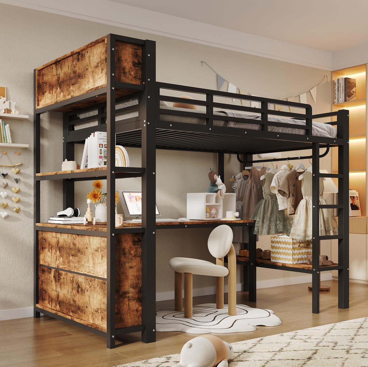 HOCHBETT Metall & MDF 90x200 cm Schwarz mit Schreibtisch, Kleiderstange und Regalen - Schwarz, Holzwerkstoff (90/200cm) - Modfu
