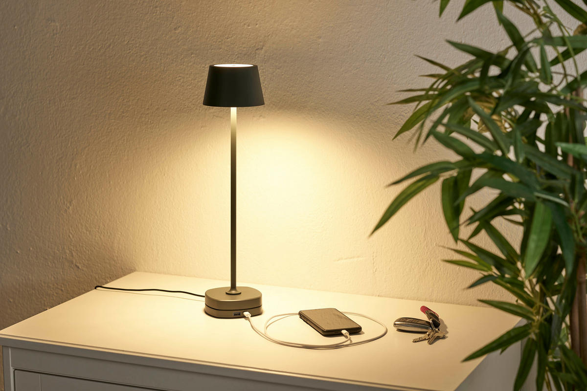 LED-AKKU Tischlampe mit Ladestation Ø 11 x 45 cm stufenlos dimmbar für Innen und Außen grau - Grau, Kunststoff (11/11/45cm) - Northpoint