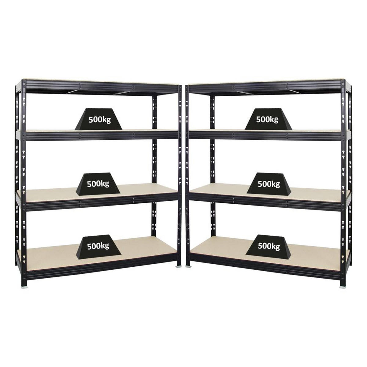 SCHWERLASTREGAL Rhino 2er-Set mit 2x 180x160x60 cm 4 Spanplatten-Ebenen 16mm Fachlast 500 kg Schwarz - Schwarz, Metall (320/180/60cm) - PROREGAL